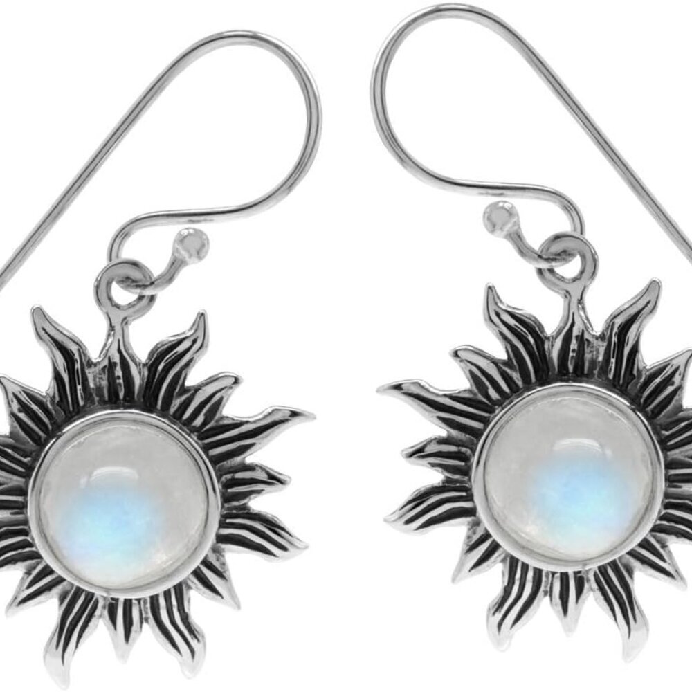 8mm Round Shape 925 Sterling Silver Sun Ray Inspired Dangle Hook Earrings